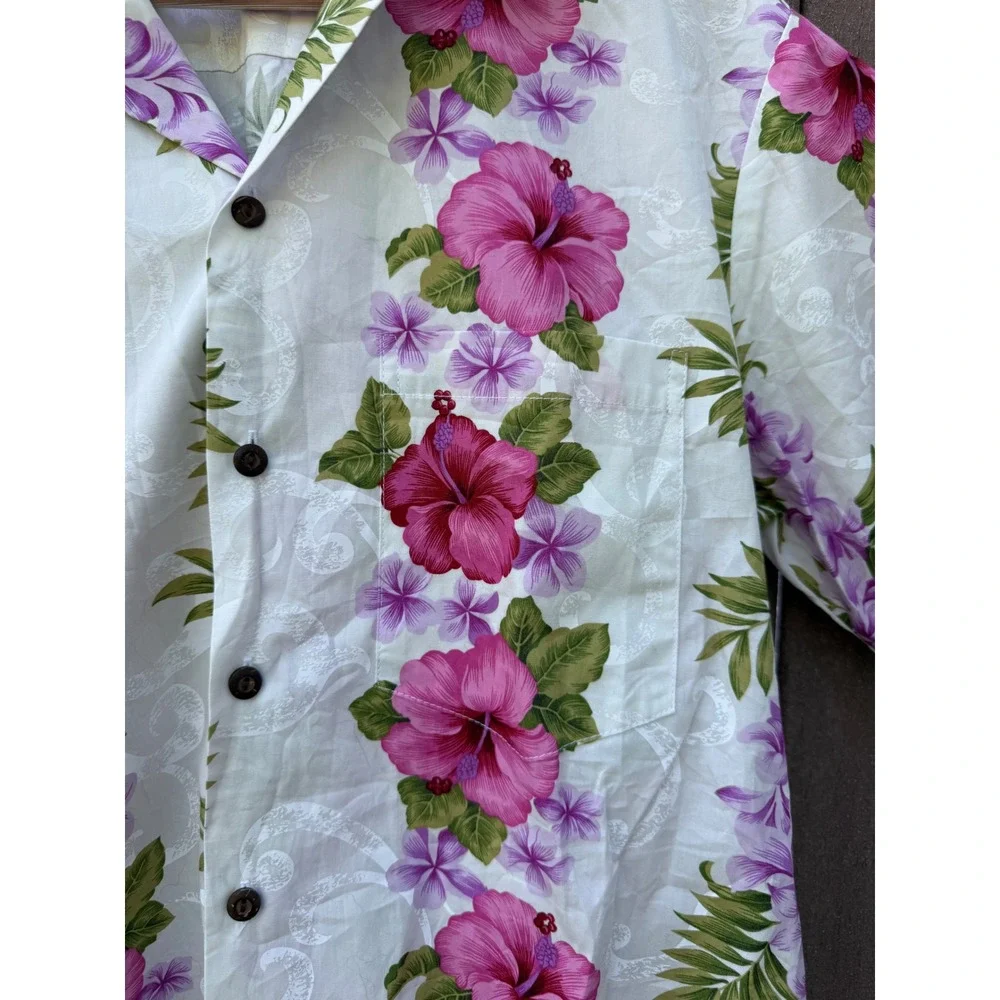 Ho Aloha Made in Hawaii Mens Pink Hibiscus Floral Cotton Shirt Medium tropical